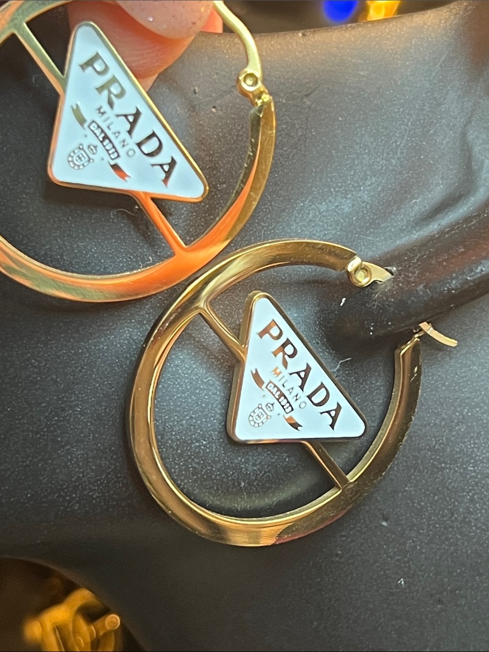 Prada Gold-Tone Hoop Earrings with White Enamel Triangle Logo